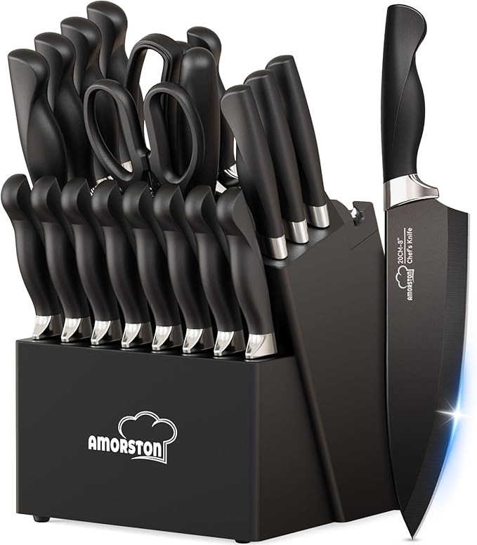 Amorston 21-Piece Kitchen Knife Set with Block and Sharpener