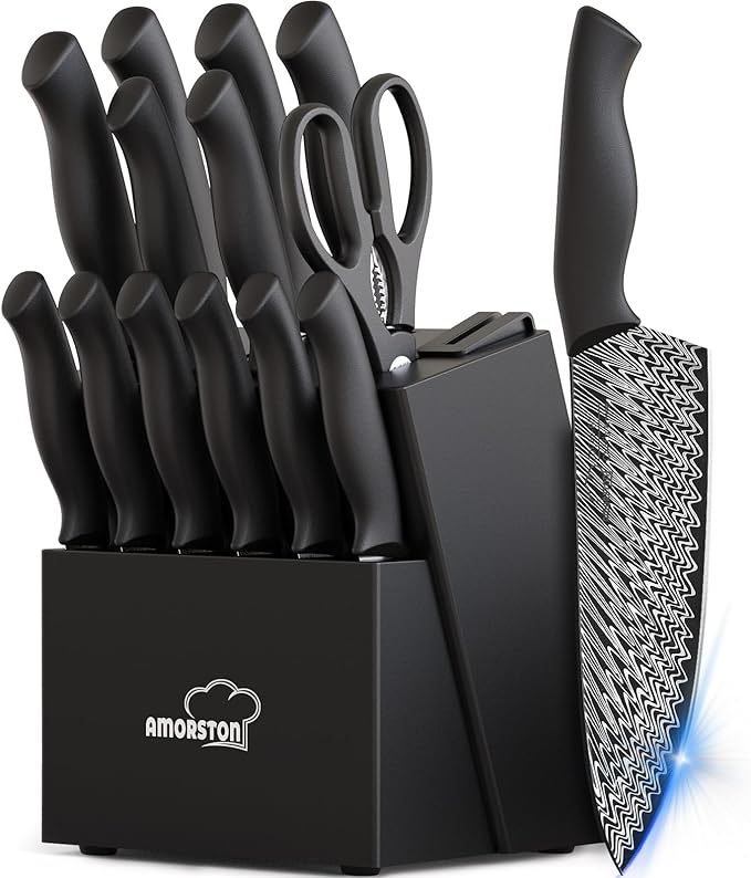 Amorston 15-Piece Kitchen Knife Set with Built-In Sharpener