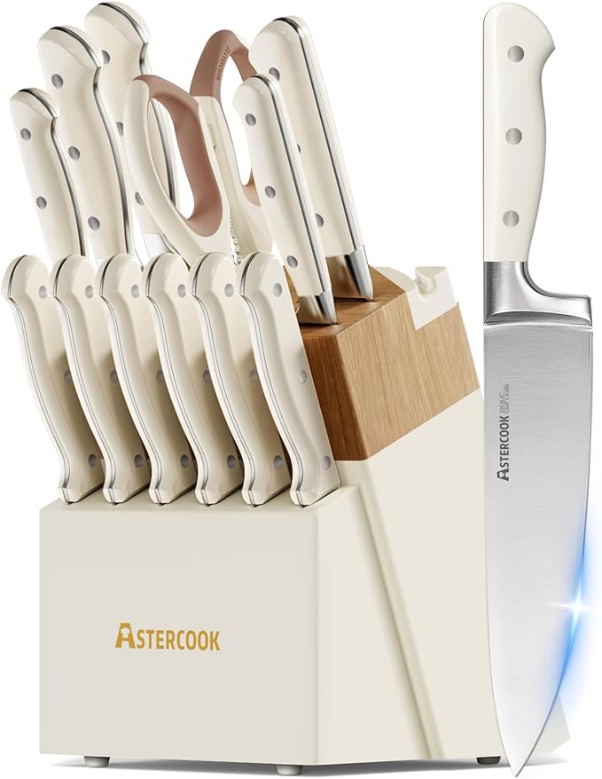 Amorston 14-Piece Kitchen Knife Set with Sharpening Stone (White)